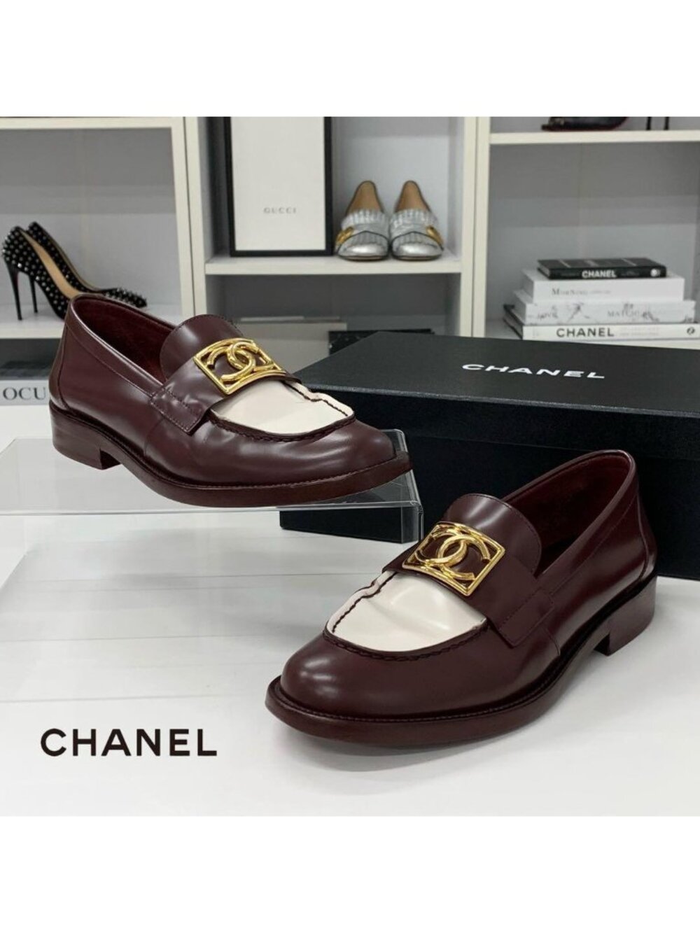 Chanel CC Logo Leather Loafers Burgundy White